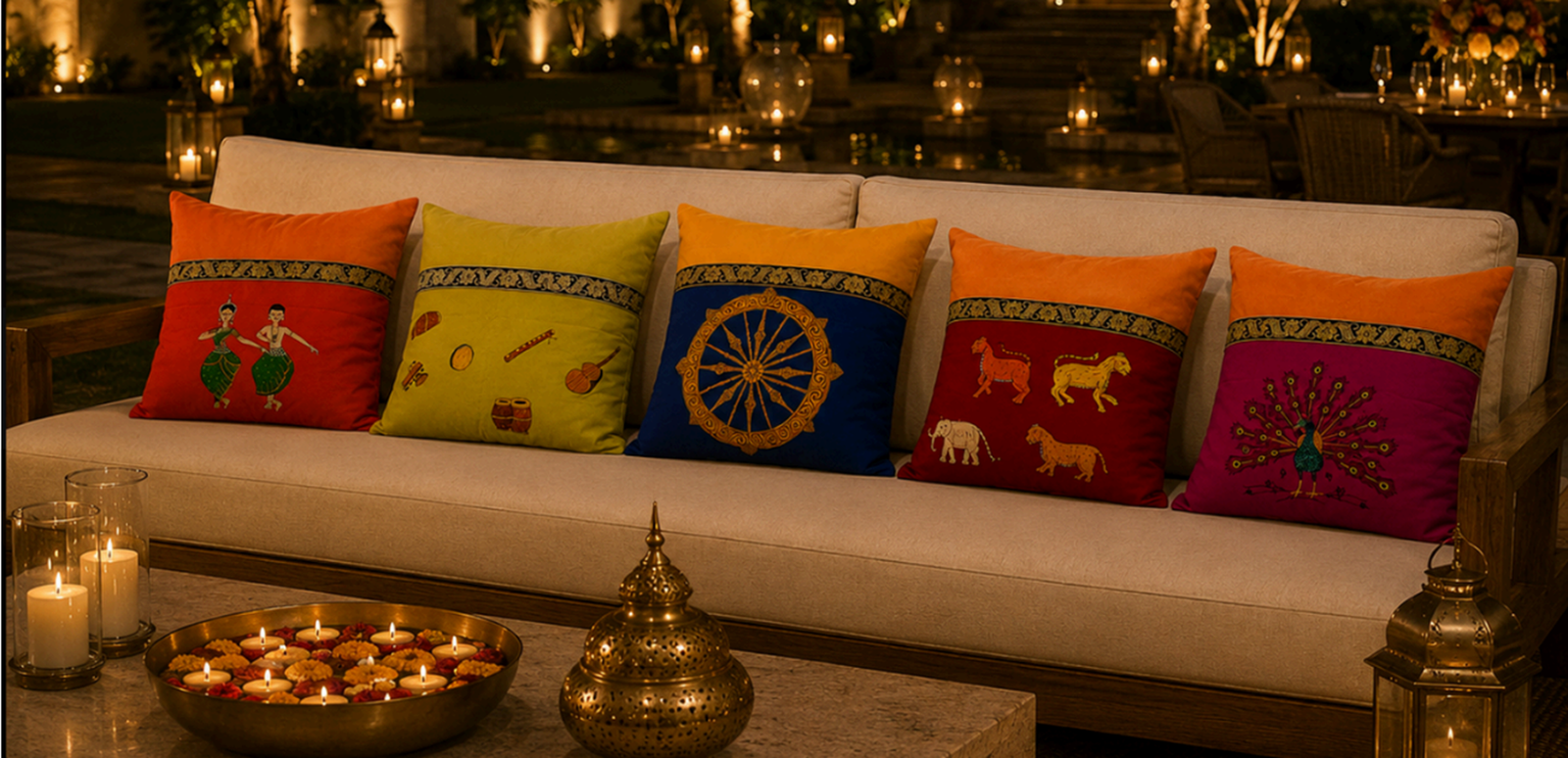 Traditional Indian art printed cushion covers on a sofa